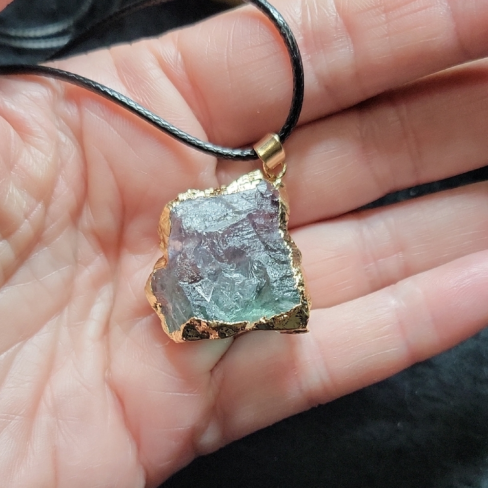 Gold-Trimmed Rainbow Fluorite Stone Pendant Necklace